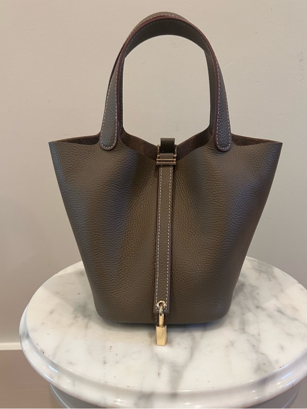 Tiffany & Fred Paris Leather Top Handle Picotin style Bag Taupe